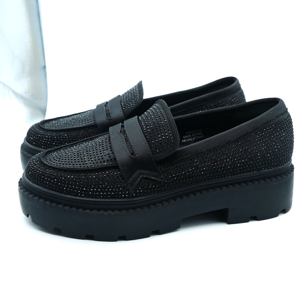 Forever 21 Womens Black Rhinestone Chunky Platform Lug Sole Penny Loafers Size 8